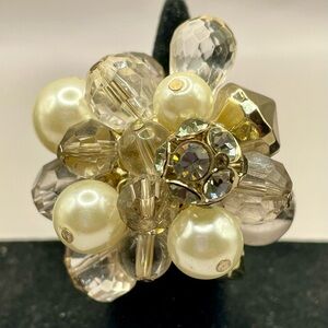 Gold and Silver Floral Ring with Crystal and Pearlescent Beads Size 5